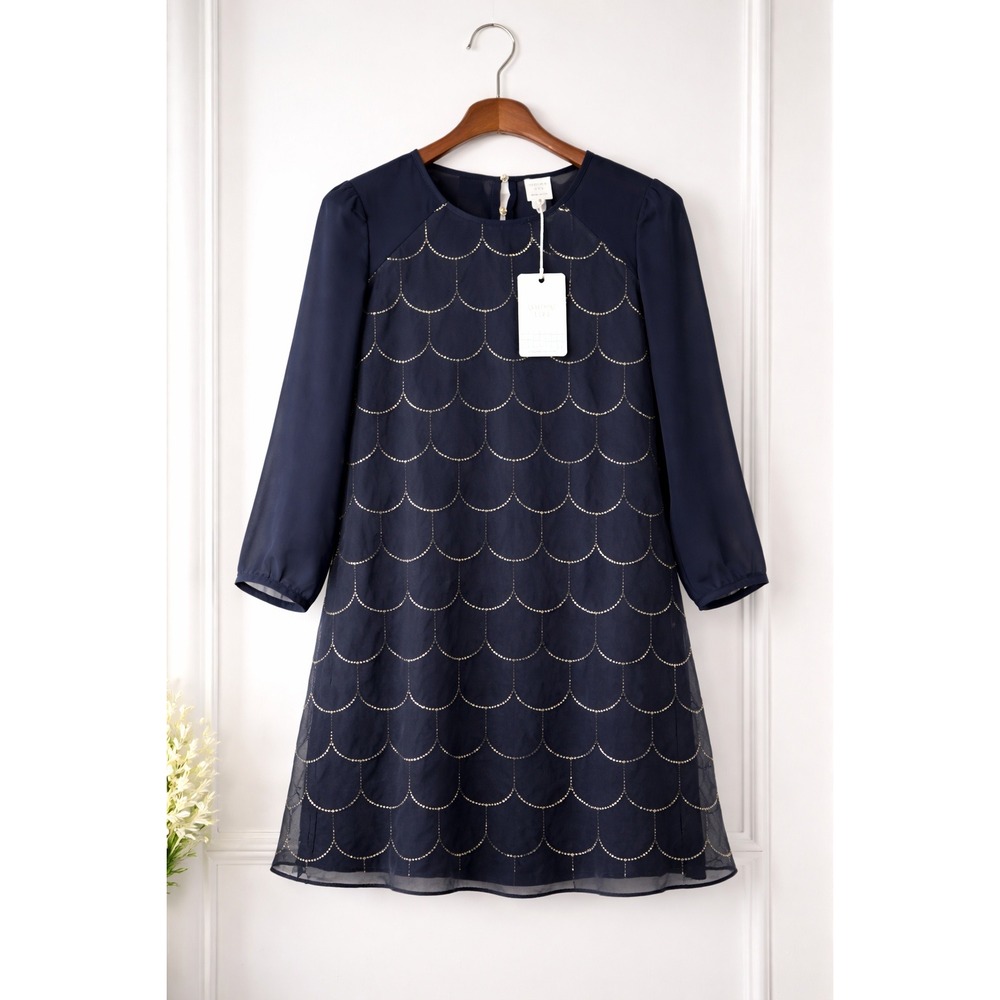Carrément‎ Beau Girls Navy Sheer Gold Scallop Dress Size 12 NWT